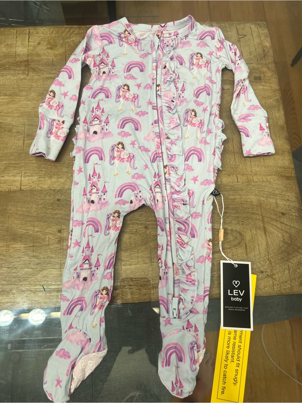 LEV Baby Pink Princess Print One-Piece Vivian ruffled Footed bamboo Pajamas